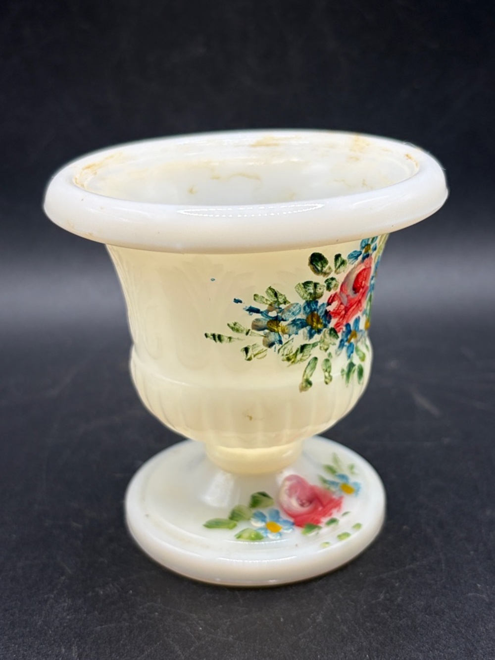 Vintage Hand Painted Floral White Milk Glass Urn Vase Vessel Cottagecore Decor - Picture 3 of 10